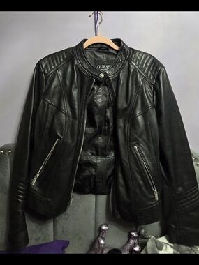 GUESS Genuine Black Leather Moto Jacket